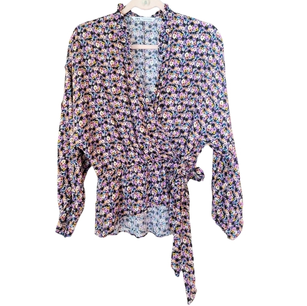 Zara Floral Faux Wrap Peplum Blouse XS Boho Cottagecore Teacher Chic